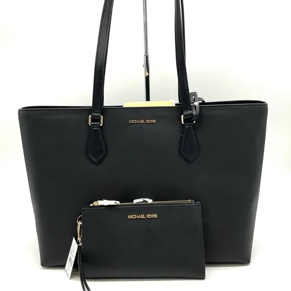Michael Kors Bag Large Sheila Mf Tote Bag & Large Double Zip Wallet Black/Gold - Picture 1 of 10
